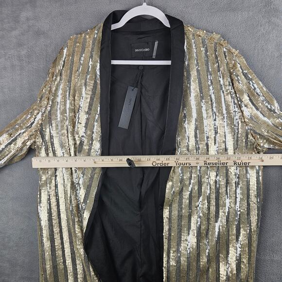 Dolce Cabo Gold Stripe Sequin Open Front Jacket Glam NYE Holiday Party Blazer - Picture 6 of 8